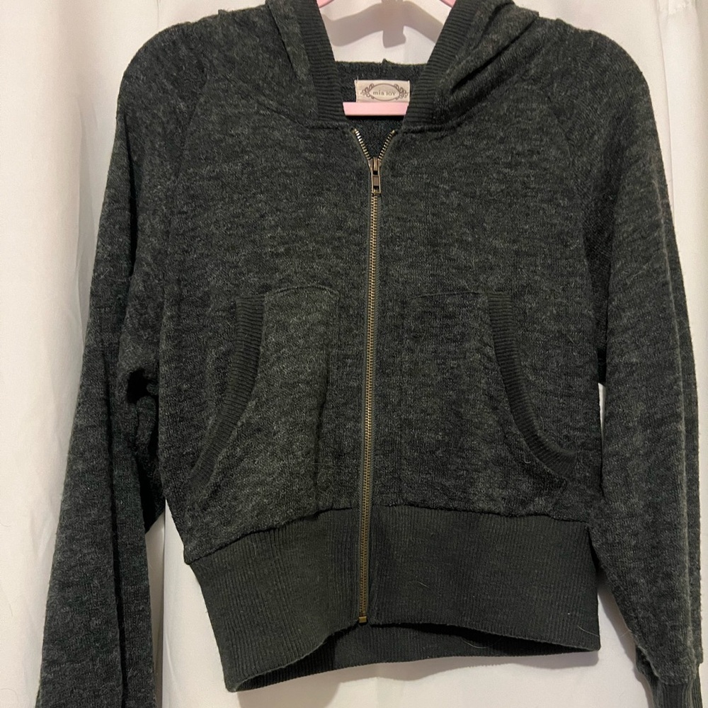 Dark Gray Knit Zip-Up Sweatshirt Hoodie